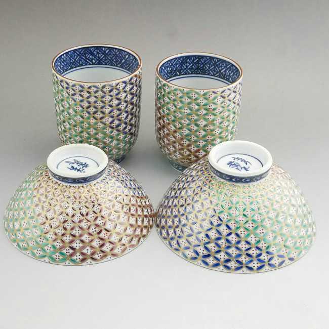 京焼 清水焼 色絵三色金七宝夫婦湯呑と夫婦茶碗セット 紫峰 : 松韻堂