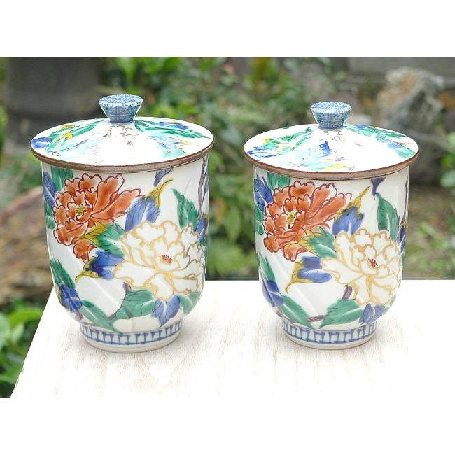 京焼 清水焼 色彩牡丹夫婦湯呑 蓋付 : 松韻堂 Yahoo!店 - 通販 - Yahoo