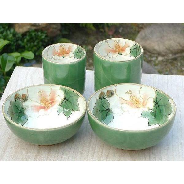 京焼 清水焼     織部芙蓉夫婦湯呑と夫婦茶碗セット