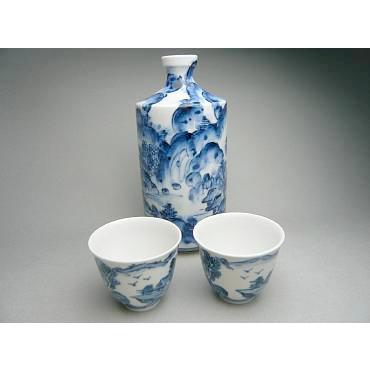 京焼 清水焼     染付山水酒器揃え