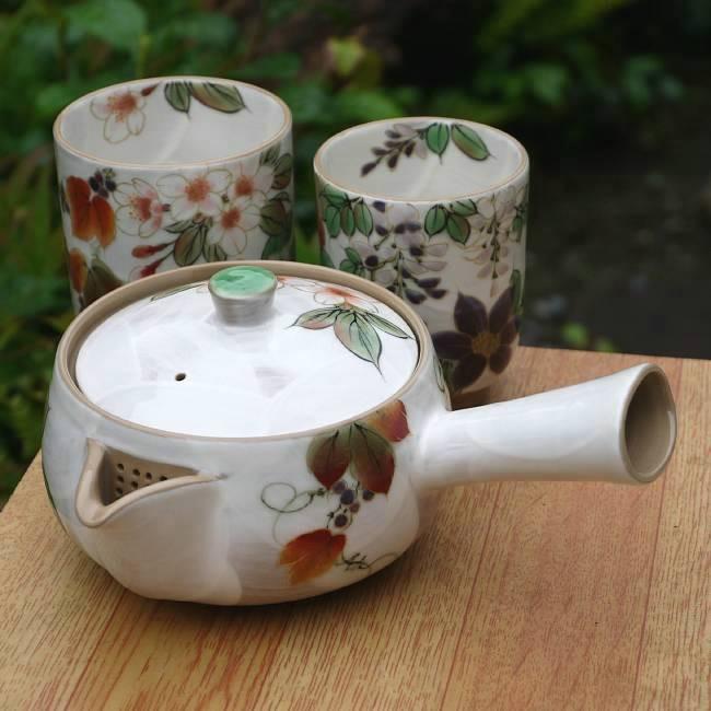 白掛彩草花急須 陶葊 京焼 清水焼 白掛彩草花茶の間セット 陶あん :