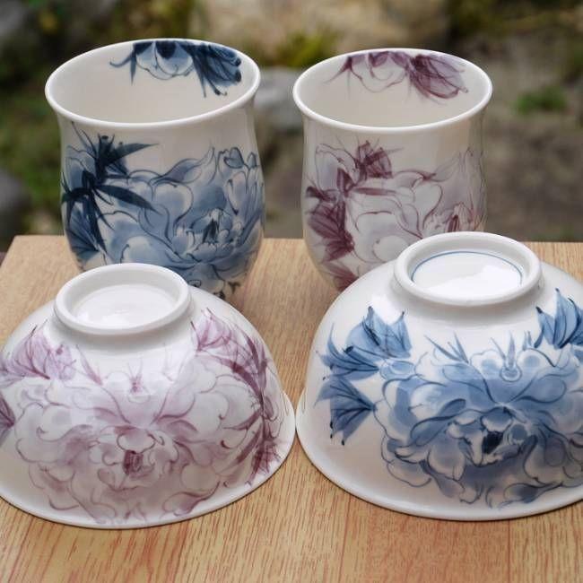 陶葊　夫婦茶碗湯呑みセット　牡丹 京焼 清水焼 清水焼 染花牡丹夫婦湯呑と夫婦茶碗セット 陶あん : 松韻