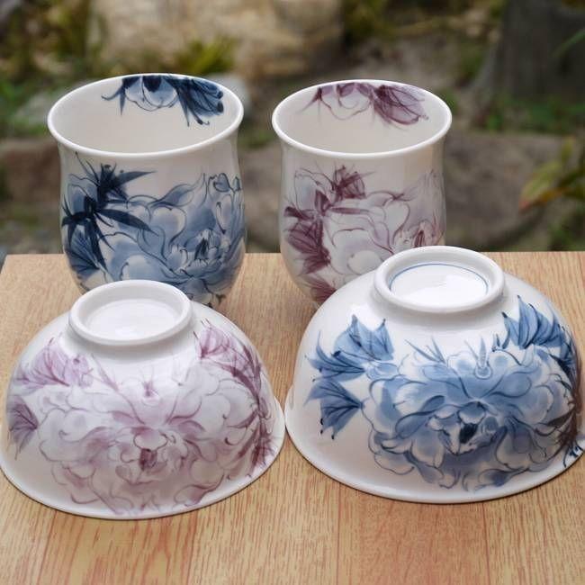 陶葊　夫婦茶碗湯呑みセット　牡丹 京焼 清水焼 清水焼 染花牡丹夫婦湯呑と夫婦茶碗セット 陶あん : 松韻