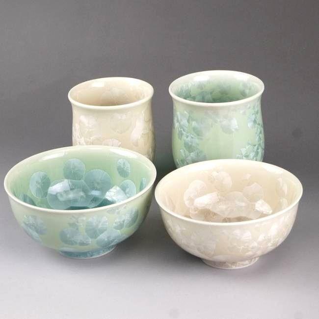 京焼 清水焼 花結晶夫婦湯呑と夫婦茶碗セット 緑茶 陶あん : 松韻堂