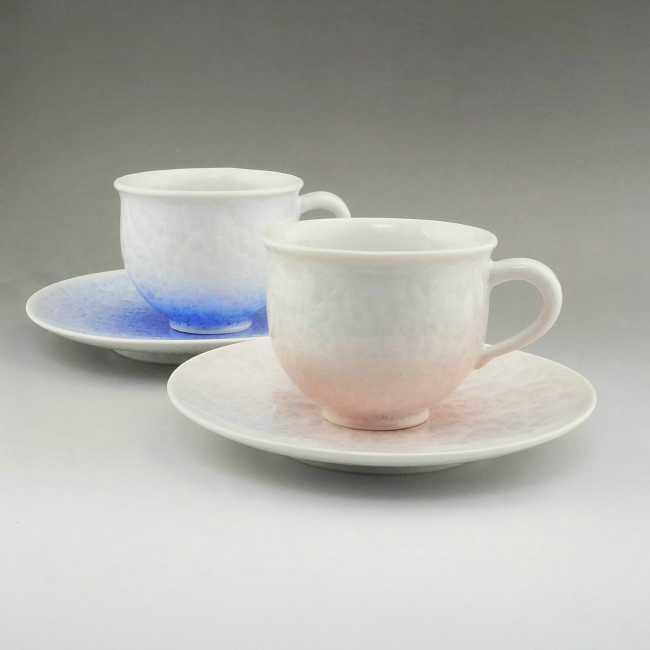 京焼 清水焼 花結晶ペアカップ＆ソーサー 白地青赤 陶あん : 松韻堂