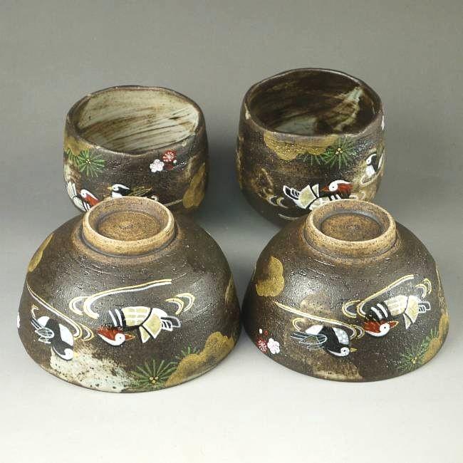干支食器　酉　手描き　京焼　清水焼　夫婦茶碗　夫婦湯呑み　正月　ペア　昭和レトロ 八幡 京焼 清水焼 吉祥おしどり夫婦湯呑みと夫婦茶碗セット 八幡