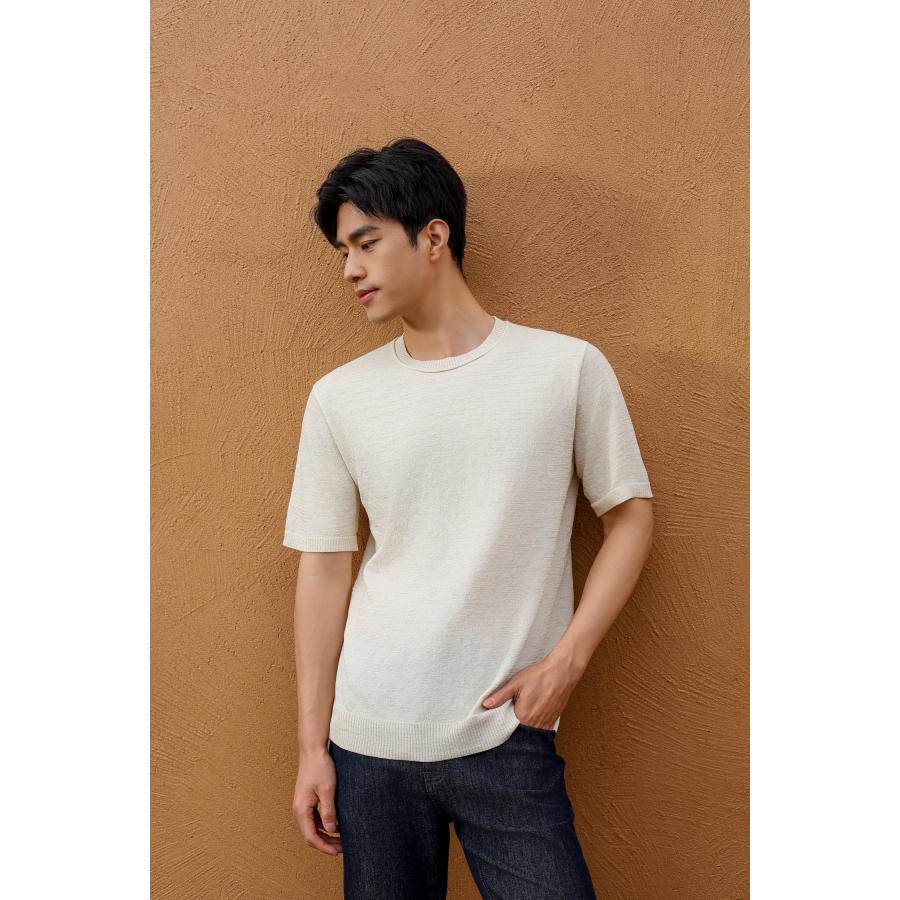 SHOKAY（ショーケイ) メンズ・麻混ニットTシャツ（ベージュ) | 