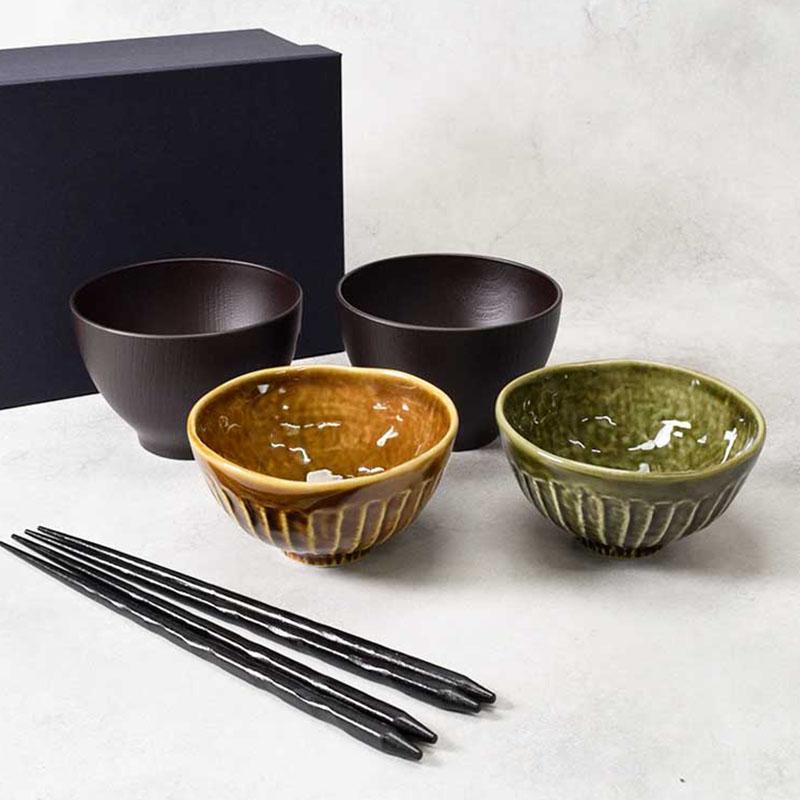 和食器ギフト 夫婦茶碗 和カラーのお茶碗＆お椀＆箸 ペア 6点セット