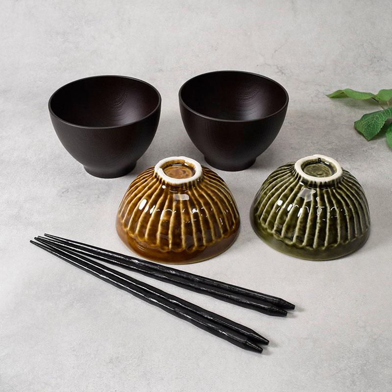 和食器ギフト 夫婦茶碗 和カラーのお茶碗＆お椀＆箸 ペア 6点セット