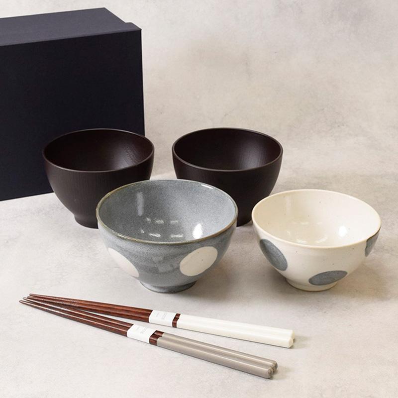 和食器ギフト ほっこり水玉お茶碗＆お椀＆箸ペアセット 送料無料