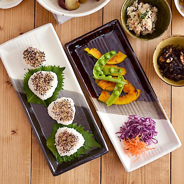 【美品】板皿　長皿　角皿　陶器　置物　インテリア　工芸品　美術品　A3157 和食器 長角皿 三色塗り分け minoruba(ミノルバ) 皿 長皿 焼き魚
