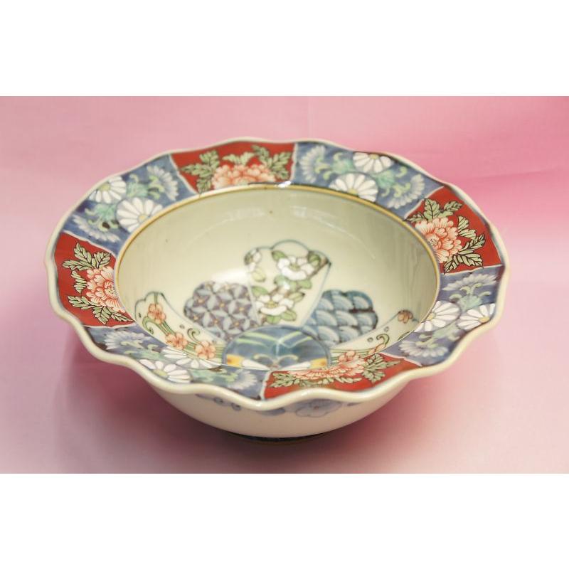 六代 佐藤走波 染錦菊牡丹椿草花文 輪花鉢