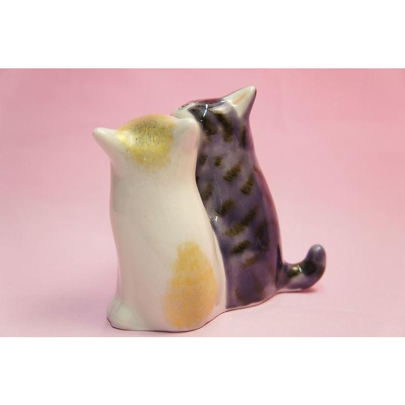 猫 九谷焼 3.8号 仲良し猫 紫金釉彩 平三作 陶器 置物 インテリア 楽天