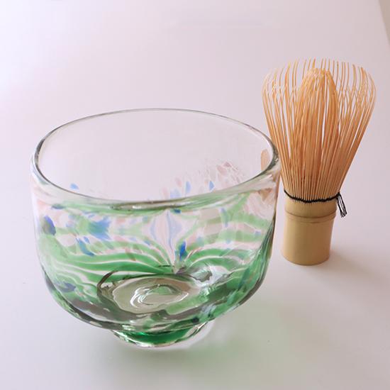 抹茶茶碗 彩色 グリーン 草野啓利 直径11.5×高さ9.5cm ガラス 作家もの