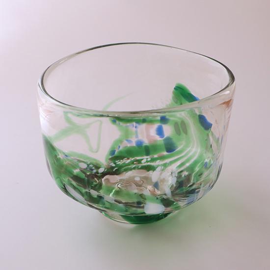 抹茶茶碗 彩色 グリーン 草野啓利 直径11.5×高さ9.5cm ガラス 作家もの