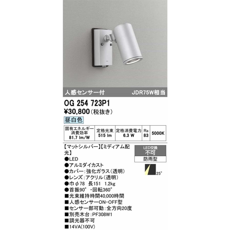 OG254723P1 オーデリック エクステリア スポットライト 人感センサー付 JDR75W相当 昼白色 ミディアム配光25° 防雨型_1