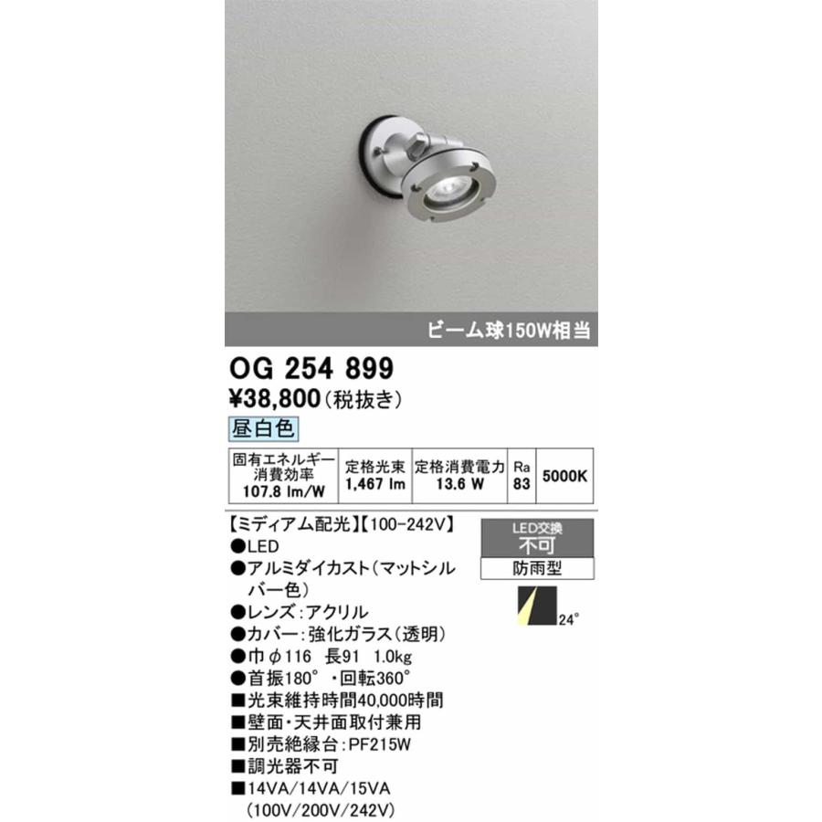 OG254899 オーデリック エクステリア スポットライト ビーム球150W相当 昼白色 ミディアム配光29° 防雨型の画像