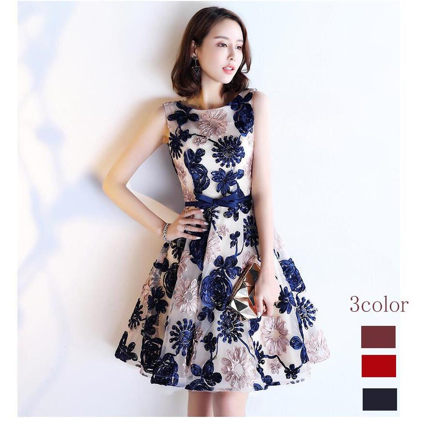 印象のデザイン パーティードレス 10代 代 30代40代 花柄ワンピースドレス カラードレス レディース 大人 着痩せ 上品 お呼ばれ 食事会 二次会 披露宴 卒業式 成人式