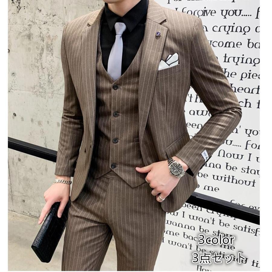 ストライプメンズスーツ 3点セットスーツ 1つボタンスーツ タキシード