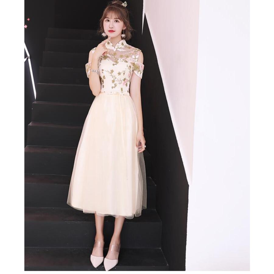 パーティードレス ブライズメイド 結婚式 大きいサイズ 袖あり ミモレドレス フォーマル 大人 上品 ウエディング