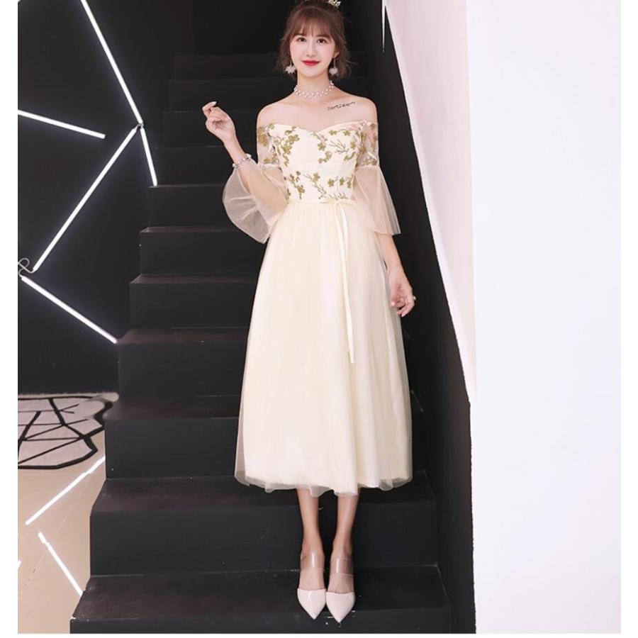 パーティードレス ブライズメイド 結婚式 大きいサイズ 袖あり ミモレドレス フォーマル 大人 上品 ウエディング