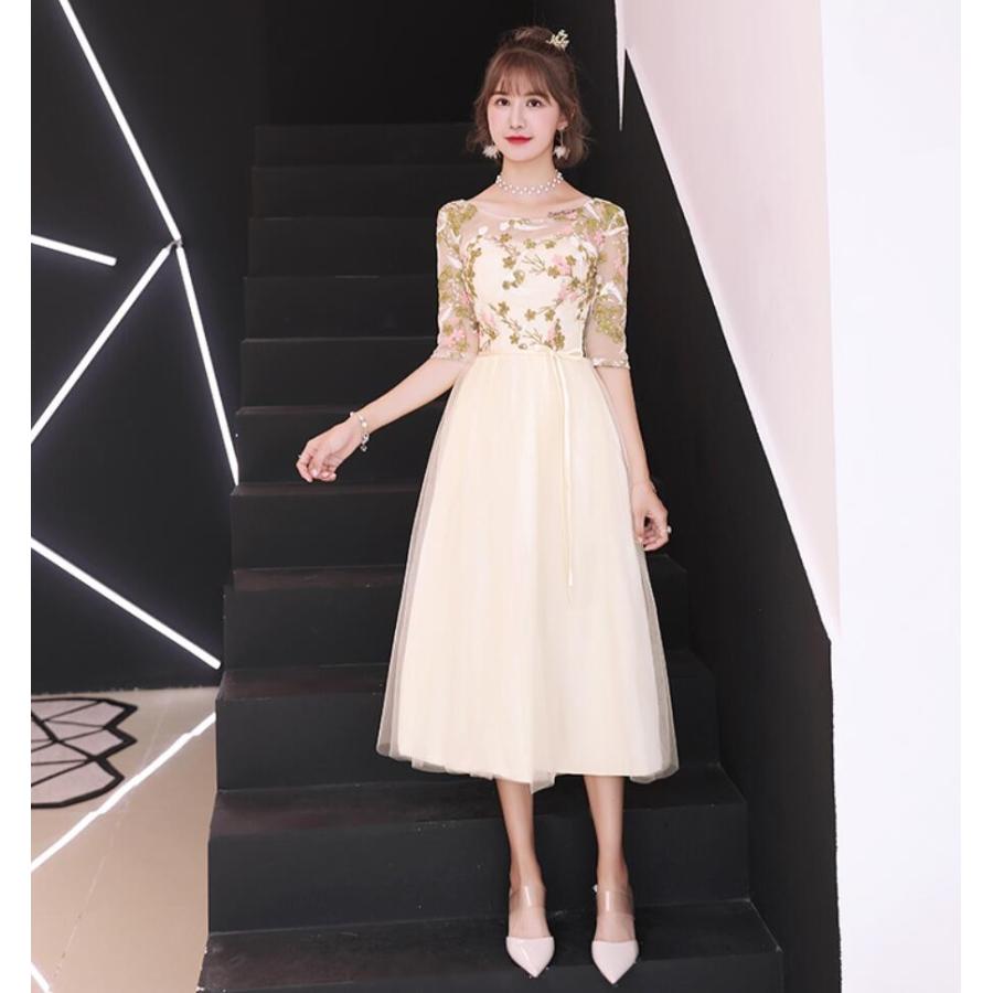 パーティードレス ブライズメイド 結婚式 大きいサイズ 袖あり ミモレドレス フォーマル 大人 上品 ウエディング