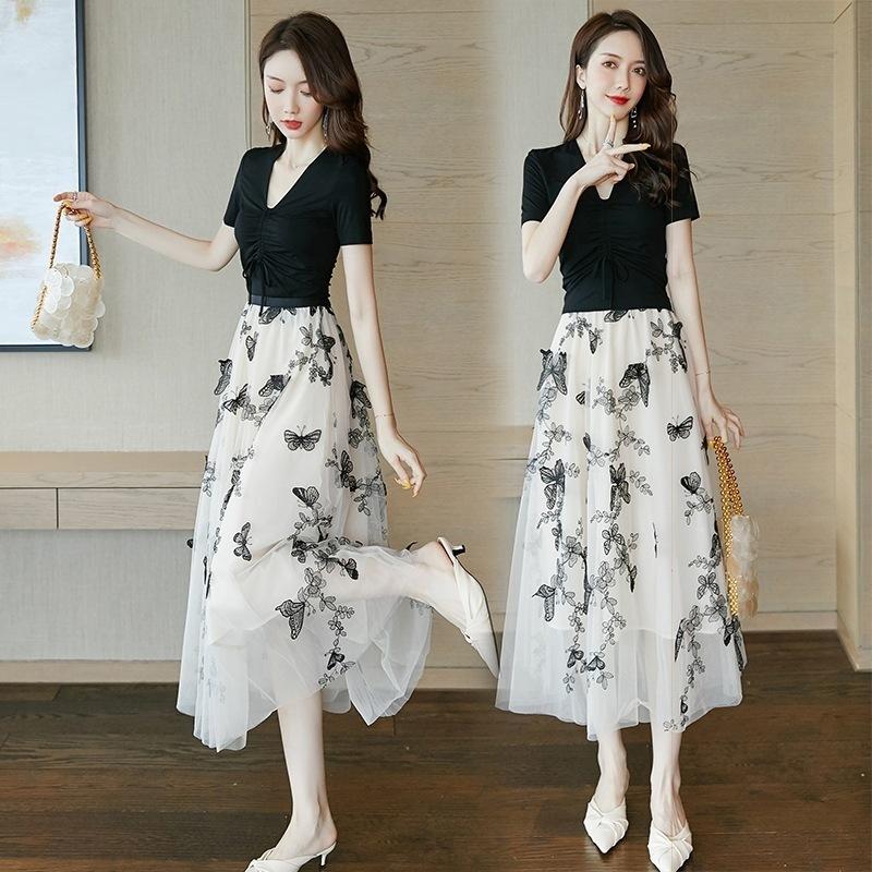 セットアップレディース 40代 マキシワンピース 春夏 半袖tシャツ Vネック 結婚式ドレス