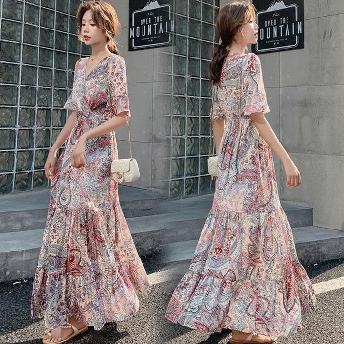 21激安通販 ワンピース レディース 40代 夏 キレイめ マキシ丈ワンピース 花柄フレアスカート ゆったり 着痩せ シフォンワンピ Vネック 上品 半袖 ロング丈 オシャレ通勤