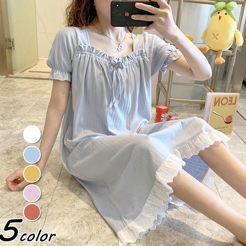 価格交渉ok送料無料 ネグリジェ 春夏 半袖ワンピース 綿レース 可愛い ナイトロープ ロング丈ネグリジェ レディース 部屋着 オシャレゆったり パジャマ