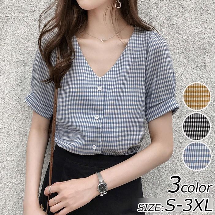 ブラウス レディース 春夏 おしゃれ チェック柄 半袖 通勤 トップス 大きいサイズ オフィス 3色 上品 大人 Vネックシャツ 着痩せ 激安通販新作