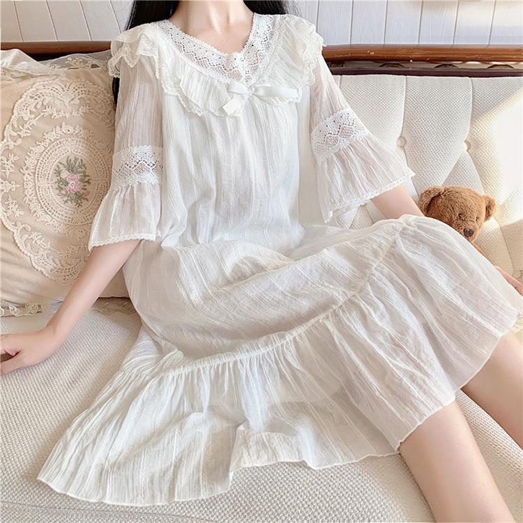 ネグリジェ 春夏 レディース 五分袖ワンピース 白レース リボン ロング