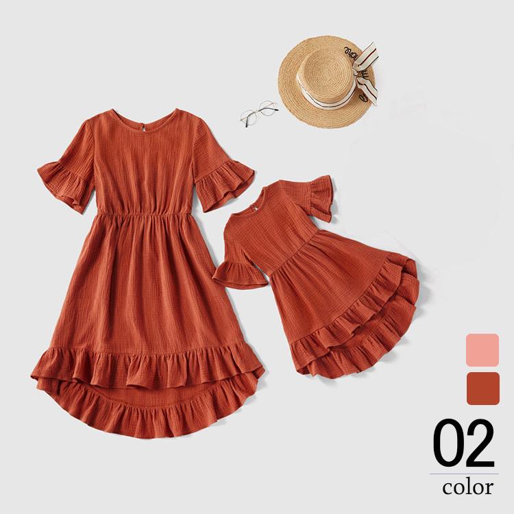 親子ペア 子供服 ワンピース 160 韓国子ども服 キッズ 女の子 夏服 半袖ワンピース フレア 子供