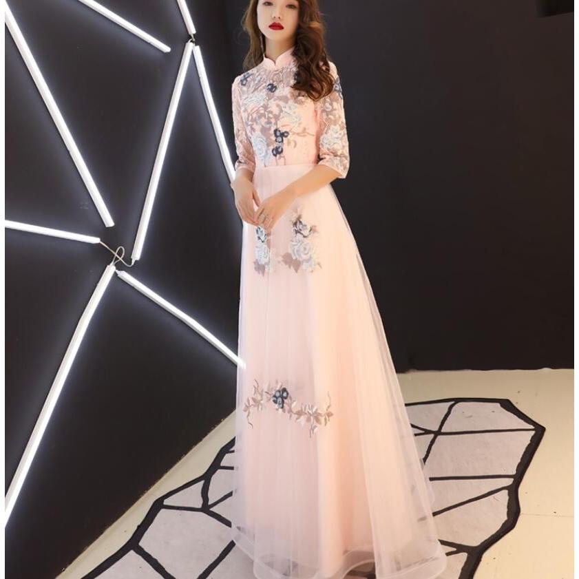 大切な チャイナドレス 透かし彫り 花刺繍 ロング丈 ファスナー 七分袖 ベール 代30代40代 パーティードレス 結婚式 ウェディングドレス 二次会 花嫁 ワンピース パーティドレス サイズ M