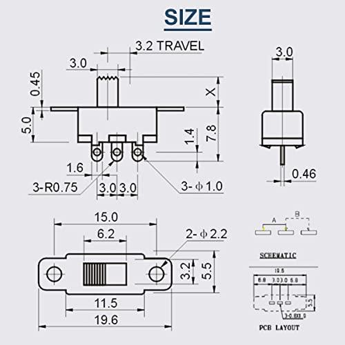 DAOKAI 20個 ハイノブ垂直スライドスイッチ SPDT 3ピン 2ポジション 1P2T 5mm SS12D10 & SS12F15 パネルマウント マイクロミニ ラッチトグルスイッチ｜shop-all-day｜05