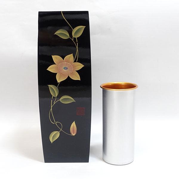 会津塗 春峰作 花器会津塗/沈金蒔絵 黒 胴張花生 鉄仙 ギフト 未使用