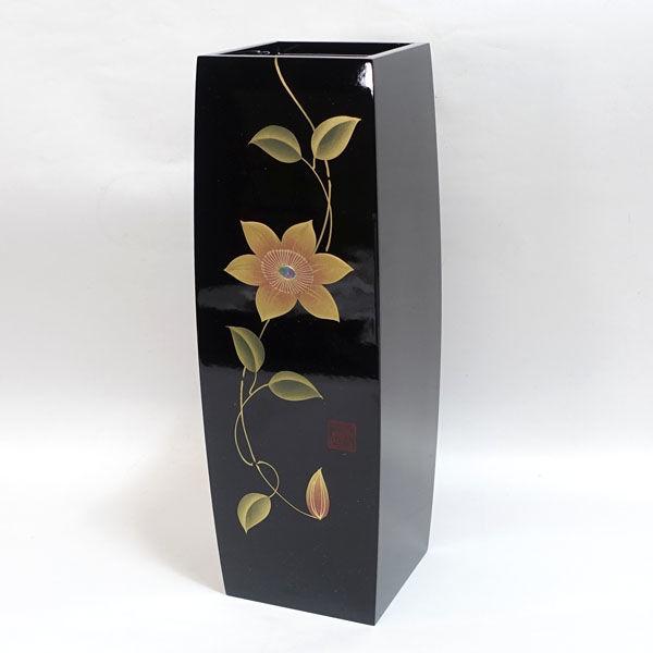 会津塗 春峰作 花器会津塗/沈金蒔絵 黒 胴張花生 鉄仙 ギフト 未使用