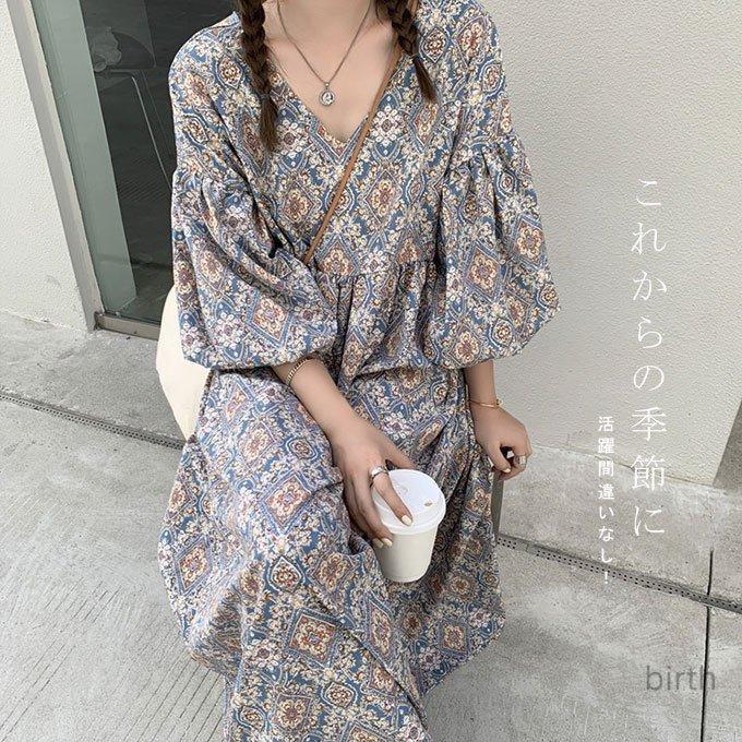 ワンピース 夏 レディース 半袖 5分袖 ロングワンピース 花柄