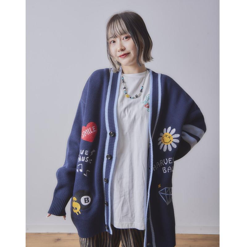 SMILEY FACE スマイリーフェイス 手刺繍風スマイルニットカーデ メンズ  