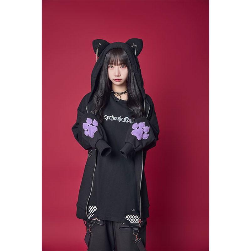 PSYCHO NATION サイコネーション 猫耳フード しっぽ付き フルジップパーカー 原宿 病みかわ パンク 地雷 天使界隈 メンズ レディース ユニセックス 734100 PSYCHO NATION サイコネーション 猫耳フード しっぽ付き フルジップ