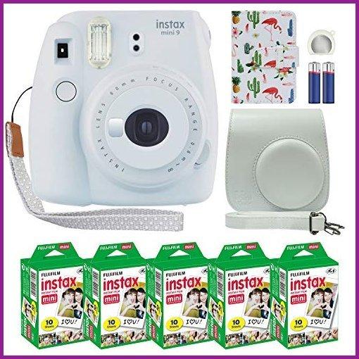 Fujifilm Instax Mini 9 Polaroid Instant Camera Smokey White with Custom Case + Fuji Instax Film Value Pack (50 Sheets) Flamingo Designer Pho インスタントカメラ本体