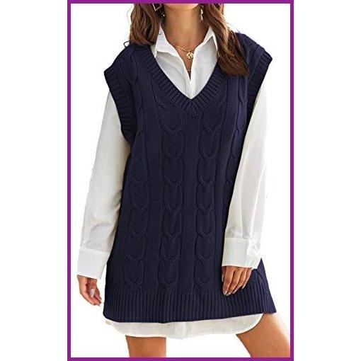 新作人気モデル Knitted Cable Vest Sweater Neck V Women's Aiopr Casual Navy【並行輸入品】 Tops Jumper Sweaters Pullover Preppy Sleeveless 長袖