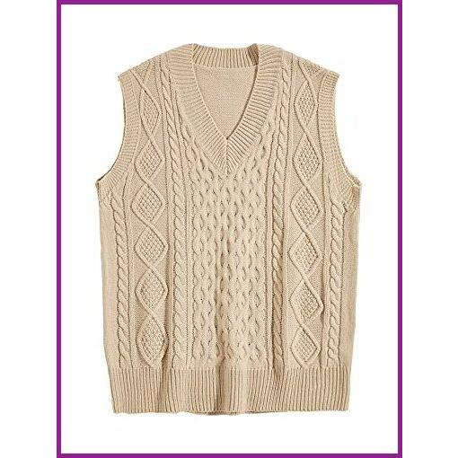 激安単価で Knitwear Sleeveless Fit Relax Neck V Knit Cable Men's Romwe Pullover XL【並行輸入品】 Apricot Vest Sweater セーター、トレーナー