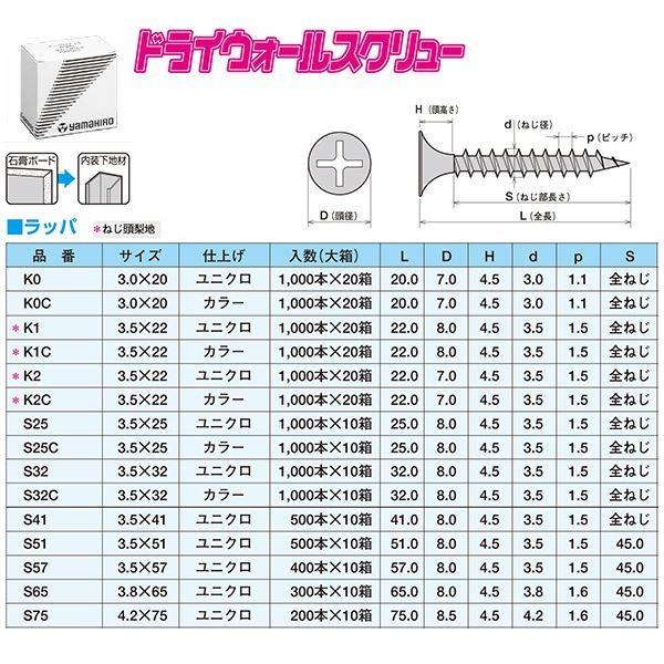 軽天・内装工事用ビス K2 3.5×22 ラッパ頭 [1000本入]〔0010-00065