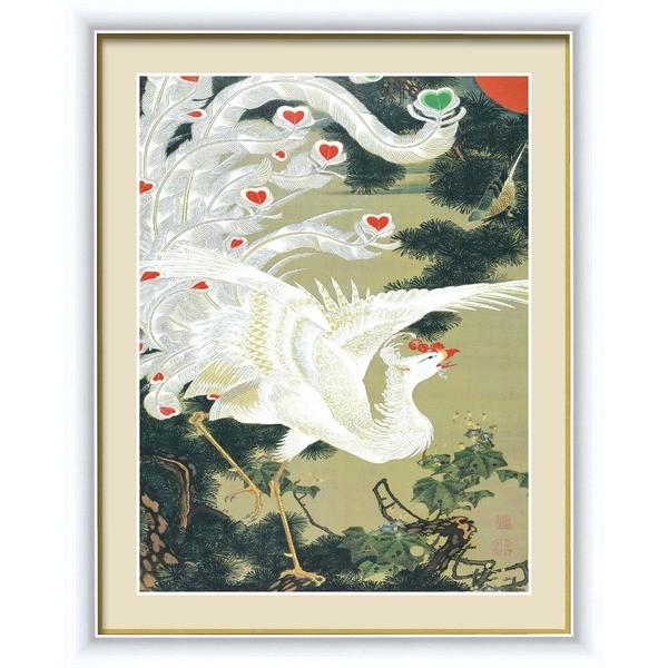 伊藤若冲 額装品 白 〔 F6号 老松白鳳図 〕 若冲 鳳凰 旭日 動植綵絵額 群鶏 白鳳 鶏 絵画-日本画