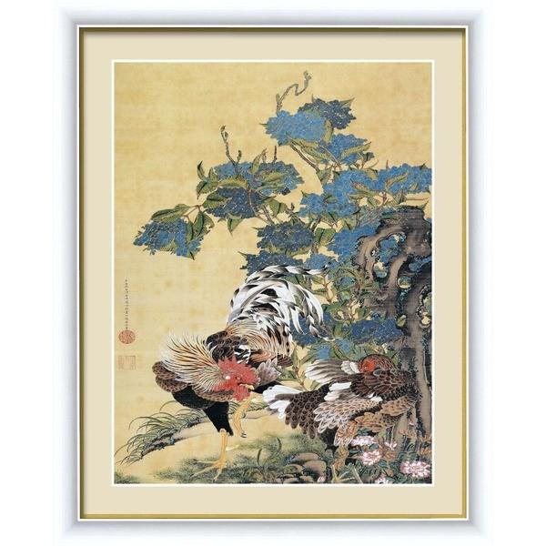 伊藤若冲 額装品 白 〔 F6号 アジサイ双鶏図 〕 若冲 鳳凰 旭日 動植綵絵額 群鶏 白鳳 鶏 美術、工芸品-絵画-楽器、手芸、コレクション