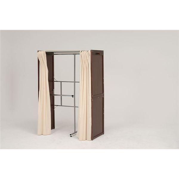伸縮式 クローゼット/衣類収納 〔幅115〜195cm×高さ170cm ダークブラウン〕 木製 スチール 洗えるカーテン付きの画像