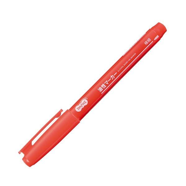 (まとめ) TANOSEE キャップ式油性マーカー シングル 極細 赤 1セット（50本） 〔×10セット〕