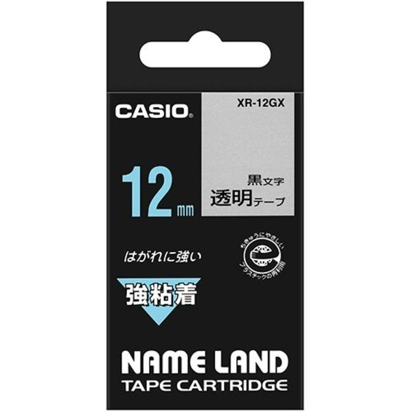(まとめ) カシオ CASIO ネームランド NAME LAND 強粘着テープ 12mm×5.5m 透明／黒文字 XR-12GX 1個 〔×10セット〕
