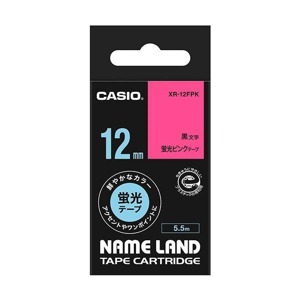 (まとめ) カシオ CASIO ネームランド NAME LAND スタンダードテープ 12mm×5.5m 蛍光ピンク／黒文字 XR-12FPK 1個 〔×10セット〕