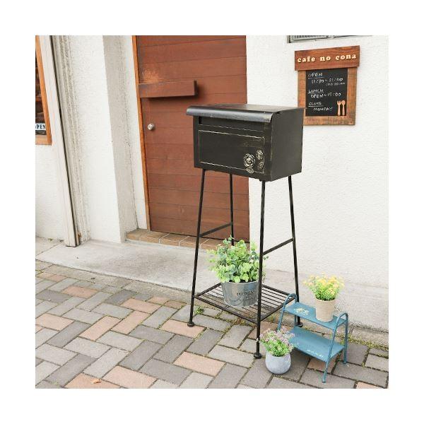 ポスト 郵便受け 幅425mm 横型 ローズ ブラック スチール 棚付き